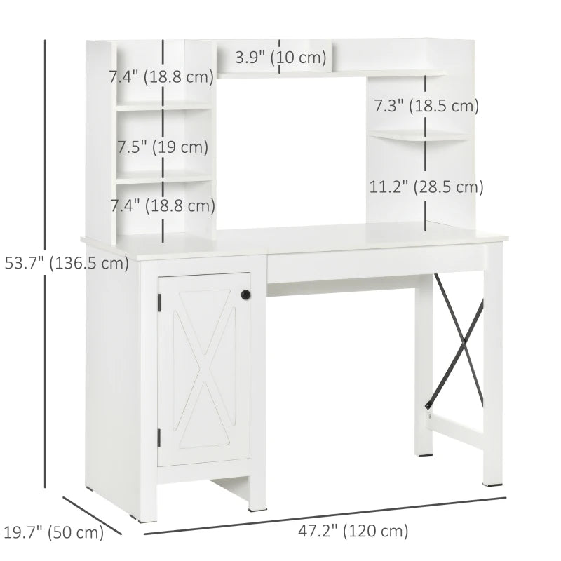 Computer Desk with Storage, 47 Inch Farmhouse Home Office Desk with Open Shelves and 2-Tier Cabinet, White