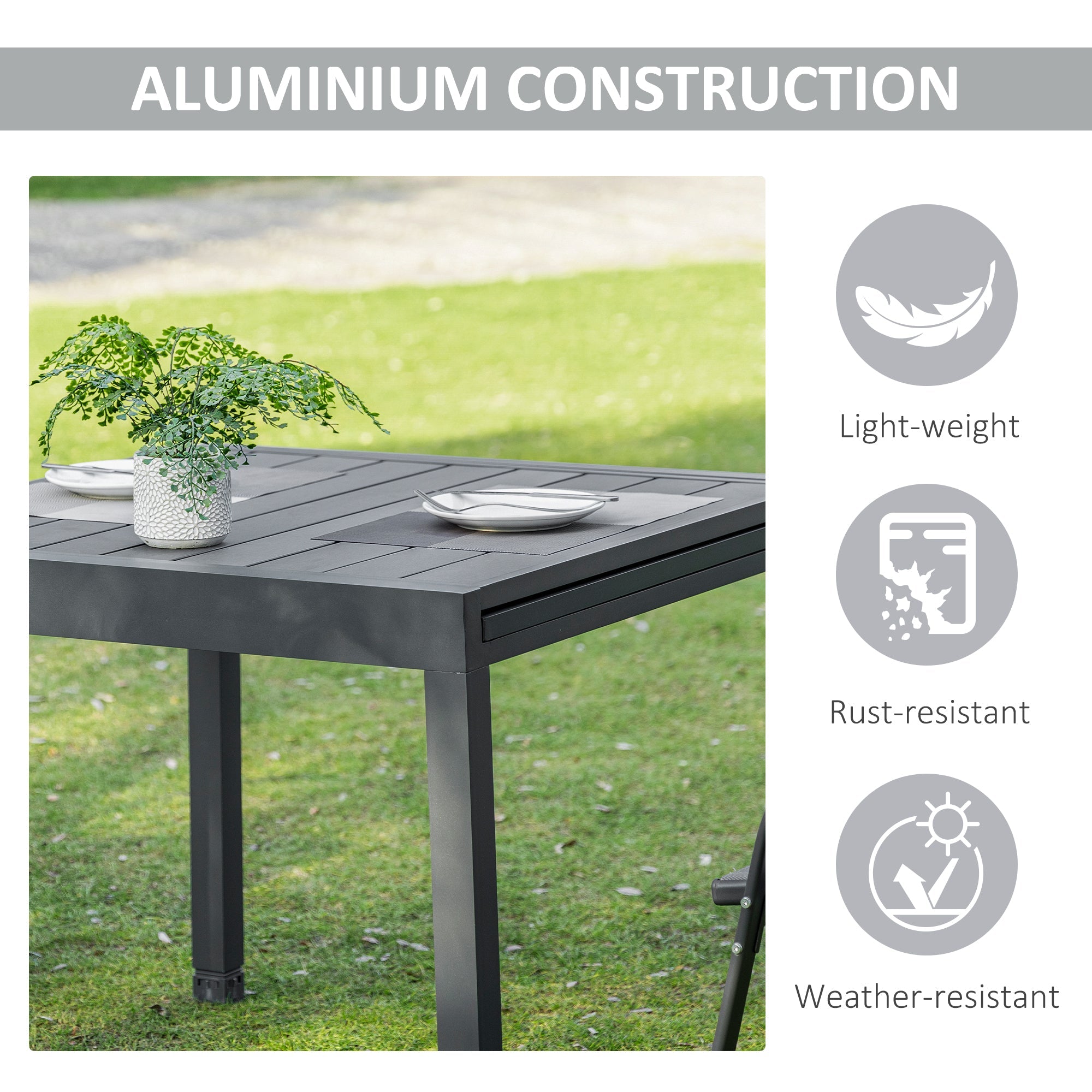 Outsunny Expandable Dining Table Metal Outdoor Slat Table for 4-6 Person Rectangular Garden Bistro Patio Table, Grey