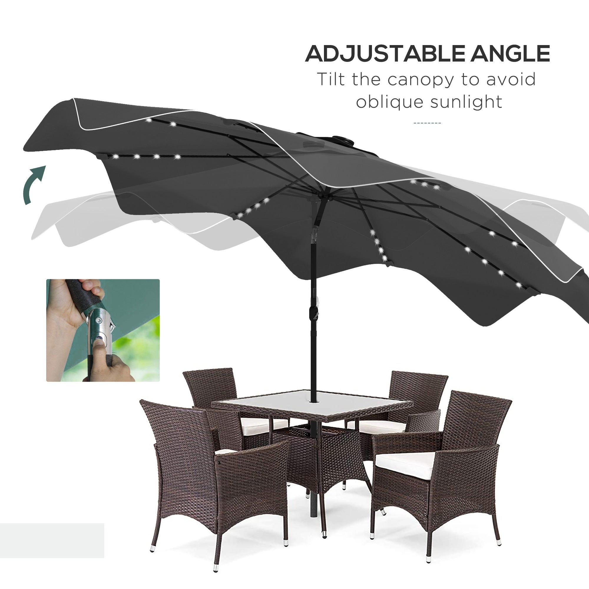 Outsunny Solar Patio Umbrella with LED and Tilt, Outdoor Market Table Umbrella Parasol with Crank, 10 x 10 ft, Dark Grey