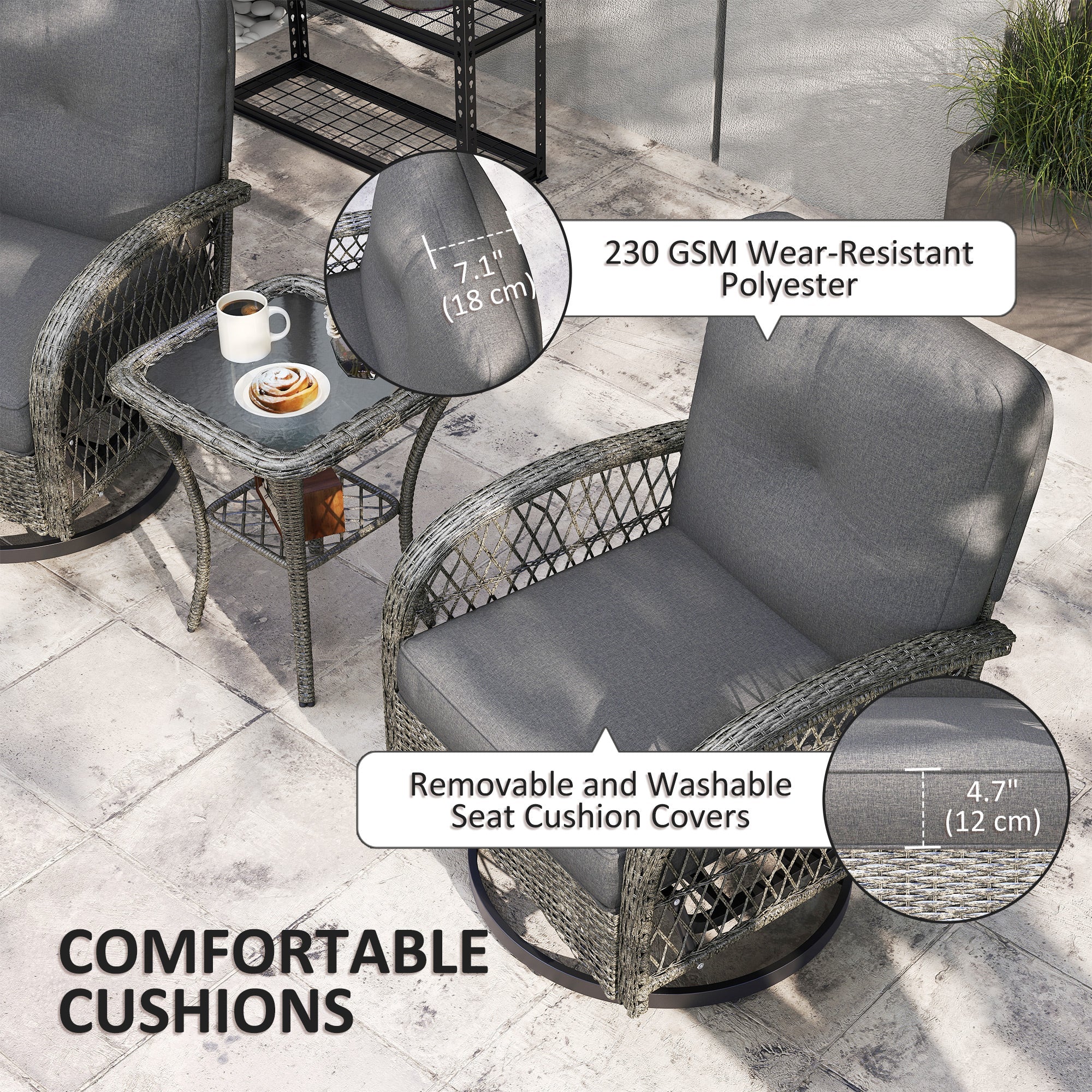Outsunny Wicker Balcony Furniture with 2 Swivel Glider Chairs and 2-Tier Glass Coffee Table, 3 Piece Patio Set for Porch, Grey
