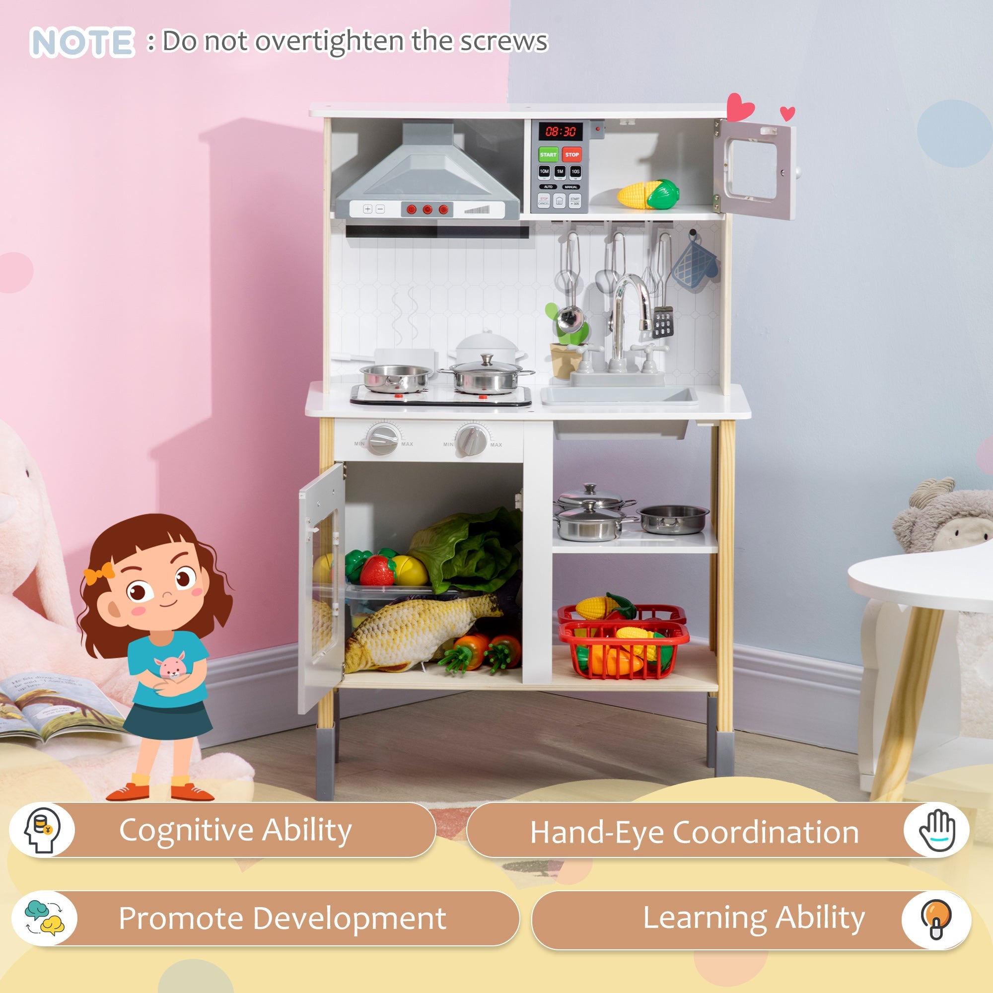 Qaba Interactive Wooden Kitchen Set for Kids - Realistic Lights, Sounds, Adjustable Height, Complete with Microwave and Hood