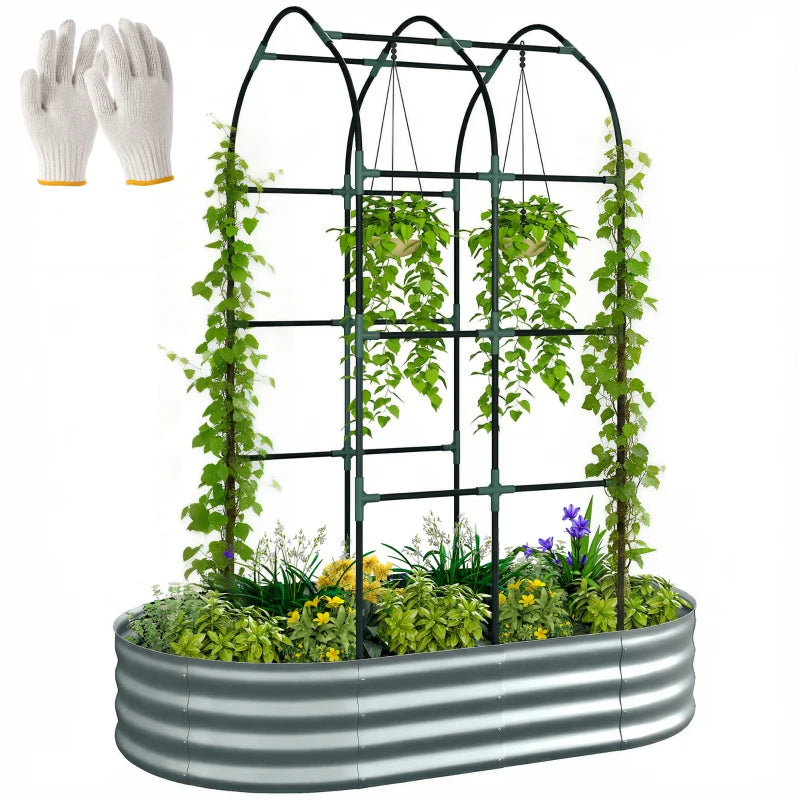 Galvanised Raised Garden Bed with Arched Trellis, 5 x 3 x 6ft Metal Outdoor Planter Box with Open Bottom, Silver