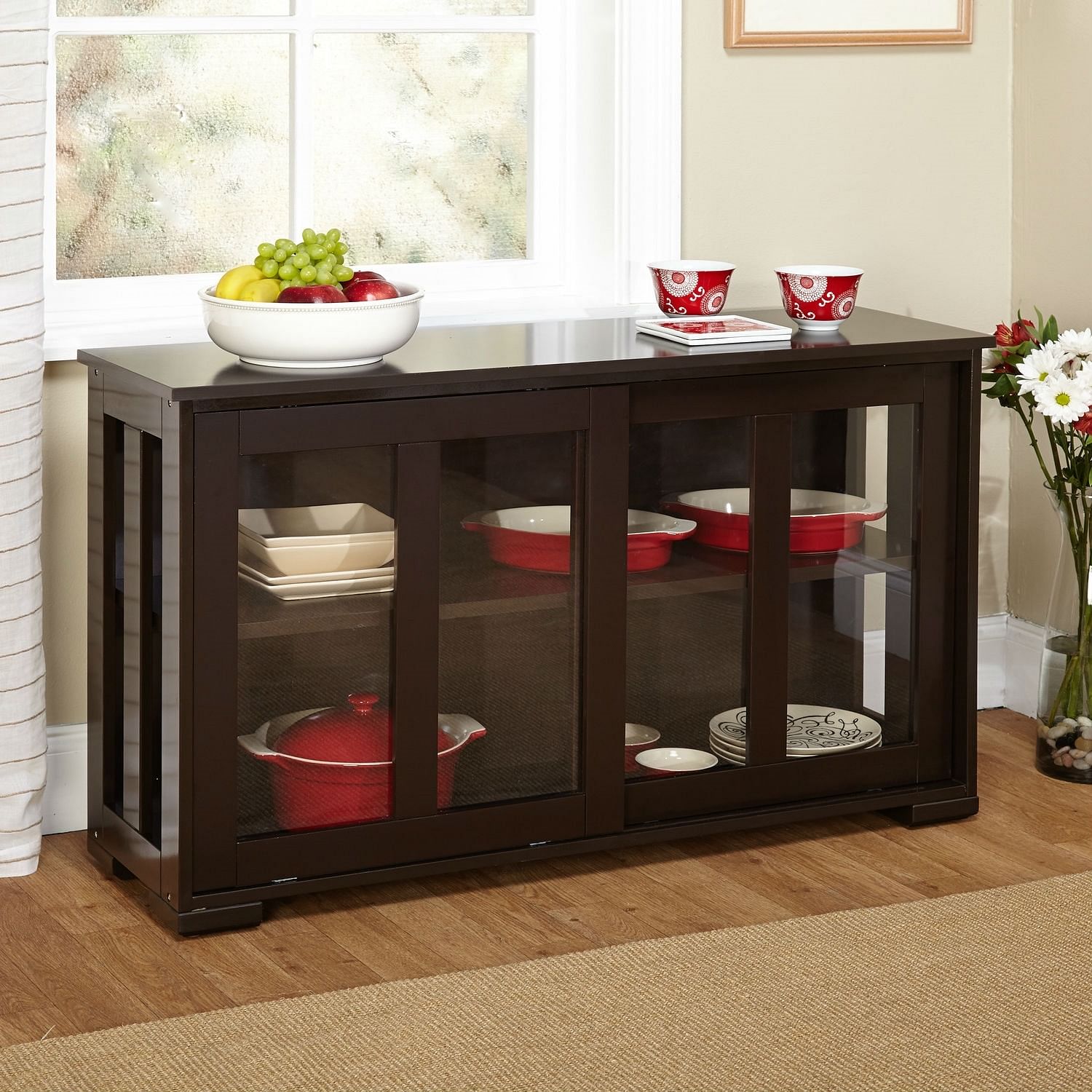 Espresso Sideboard Buffet Dining Kitchen Cabinet with 2 Glass Sliding Doors - Free Shipping
