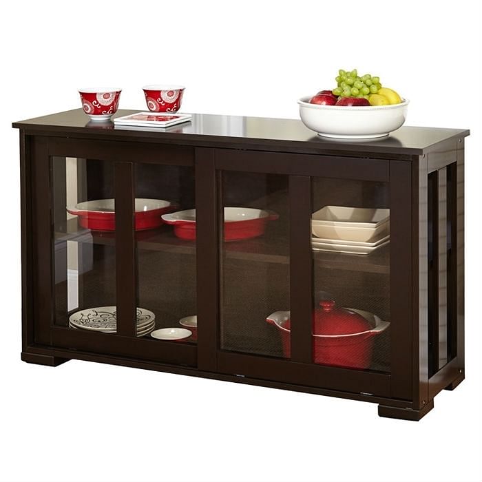 Espresso Sideboard Buffet Dining Kitchen Cabinet with 2 Glass Sliding Doors - Free Shipping