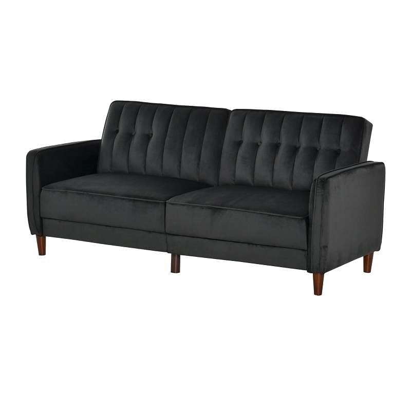 Mid-Century Modern Futon Sleeper Sofa Bed in Black Velvet Upholstery - Free Shipping