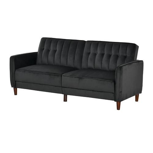 Mid-Century Modern Futon Sleeper Sofa Bed in Black Velvet Upholstery - Free Shipping