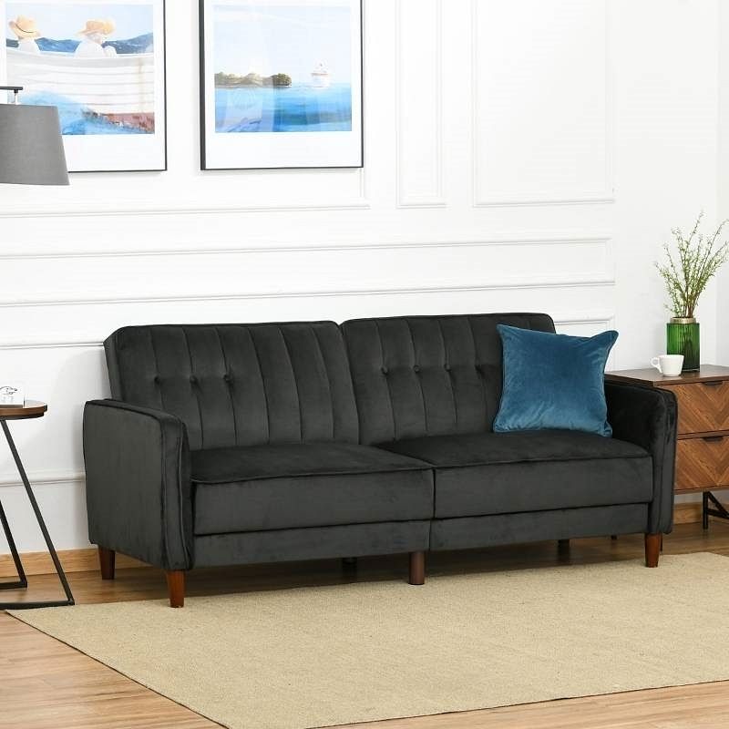 Mid-Century Modern Futon Sleeper Sofa Bed in Black Velvet Upholstery - Free Shipping