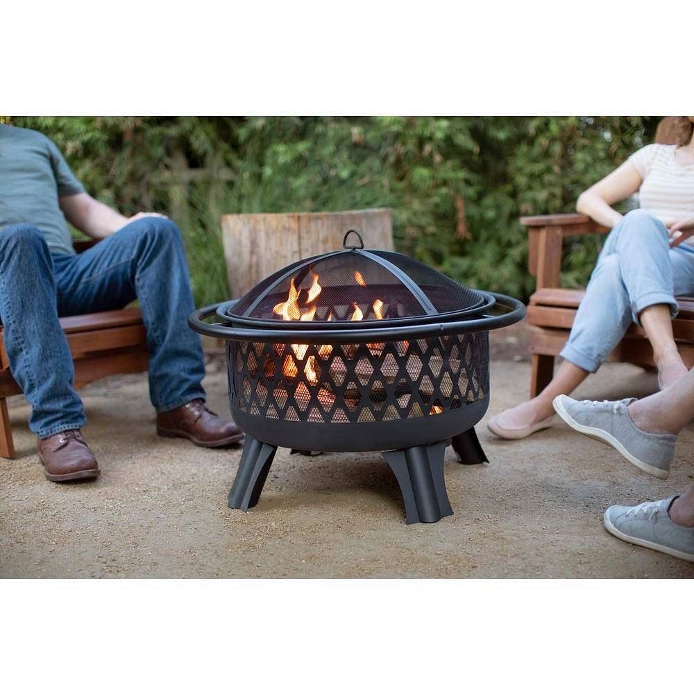 30-inch Black Steel Outdoor Fire Pit Grill with Screen and Poker - Free Shipping