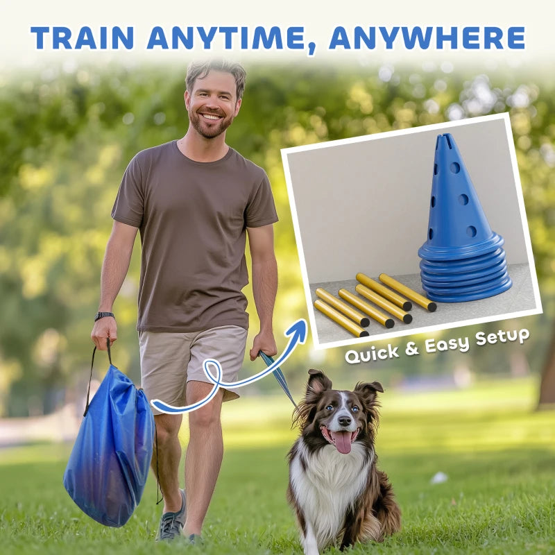 Dog Agility Hurdle Cone Set, Adjustable Obstacle Course Equipment with 6 Cones & 6 Poles, Carry Bag, Blue