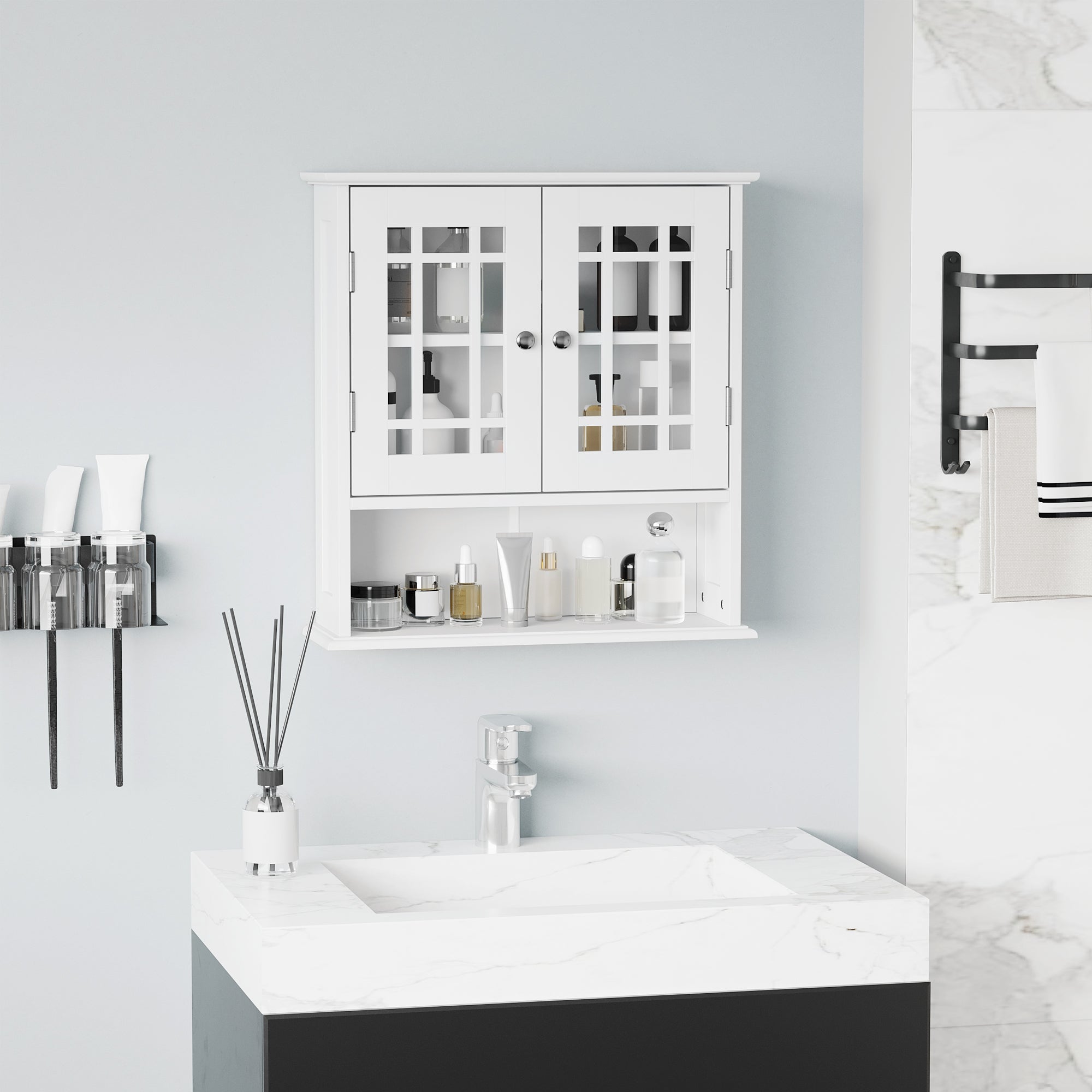 kleankin 2 Door Wall Mount Storage Organizer Modern Bathroom Cabinet with Open Shelf White