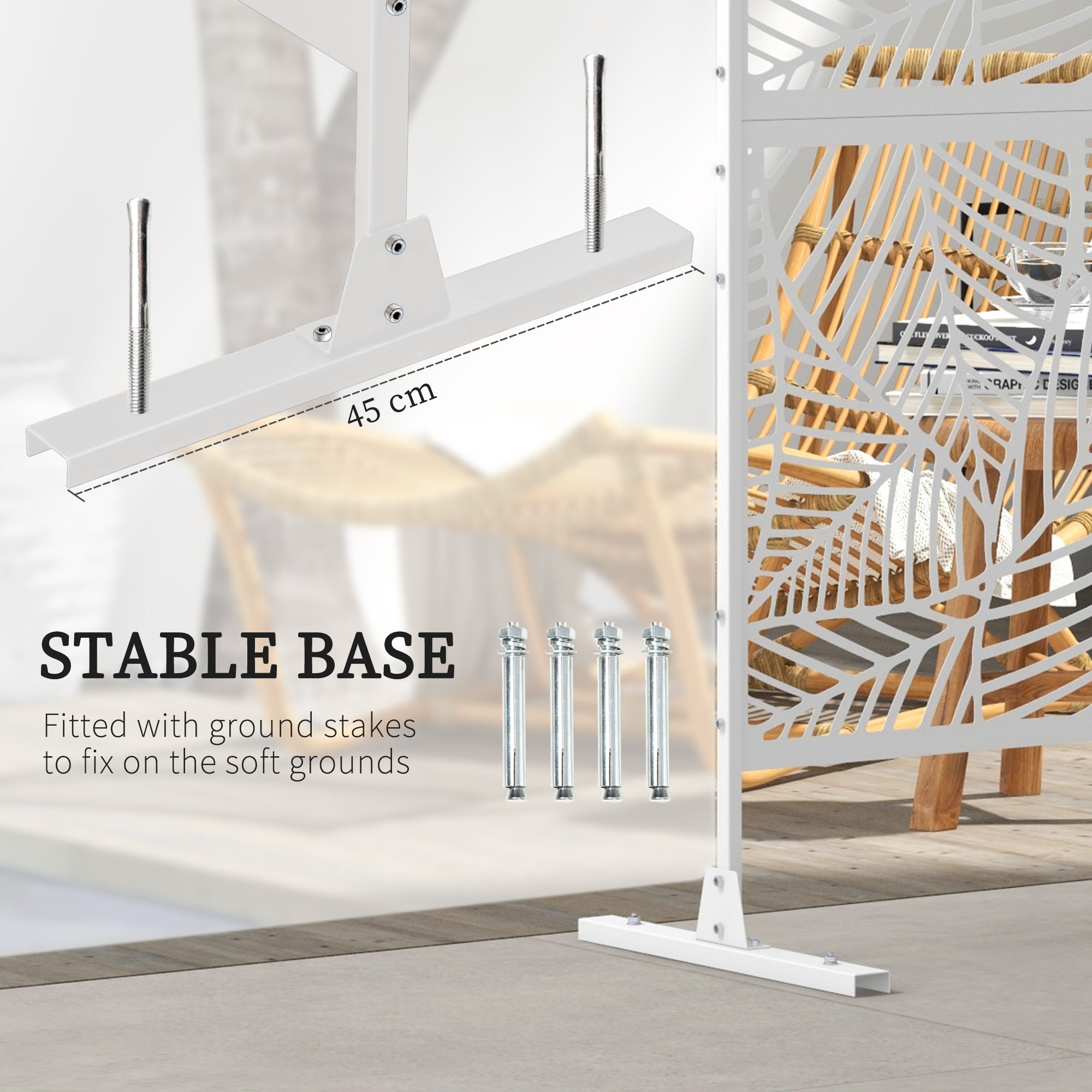 Outsunny 6.5FT Decorative Outdoor Divider, Metal Privacy Screen with Stand, Large Leaf Style, White