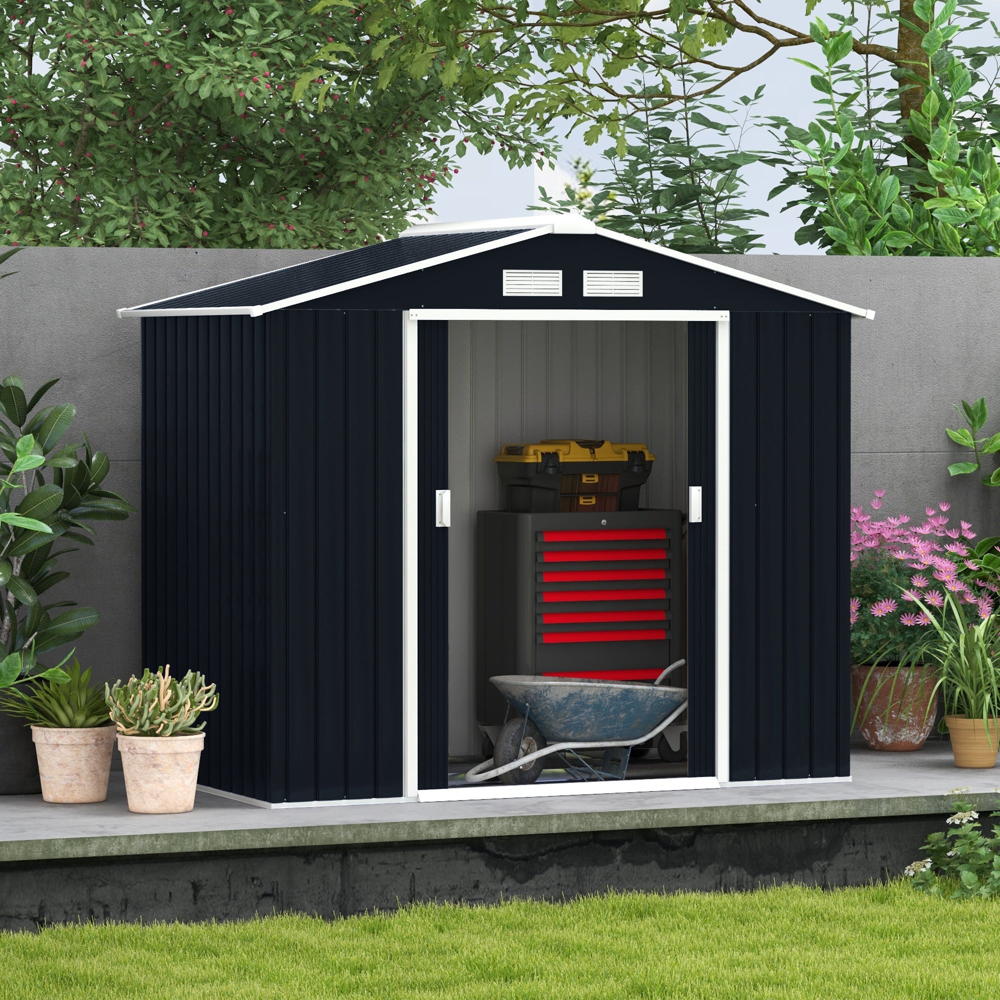 Outsunny Metal Garden Shed 7' x 4' x 6' Outdoor Storage with Foundation Double Doors Dark Grey