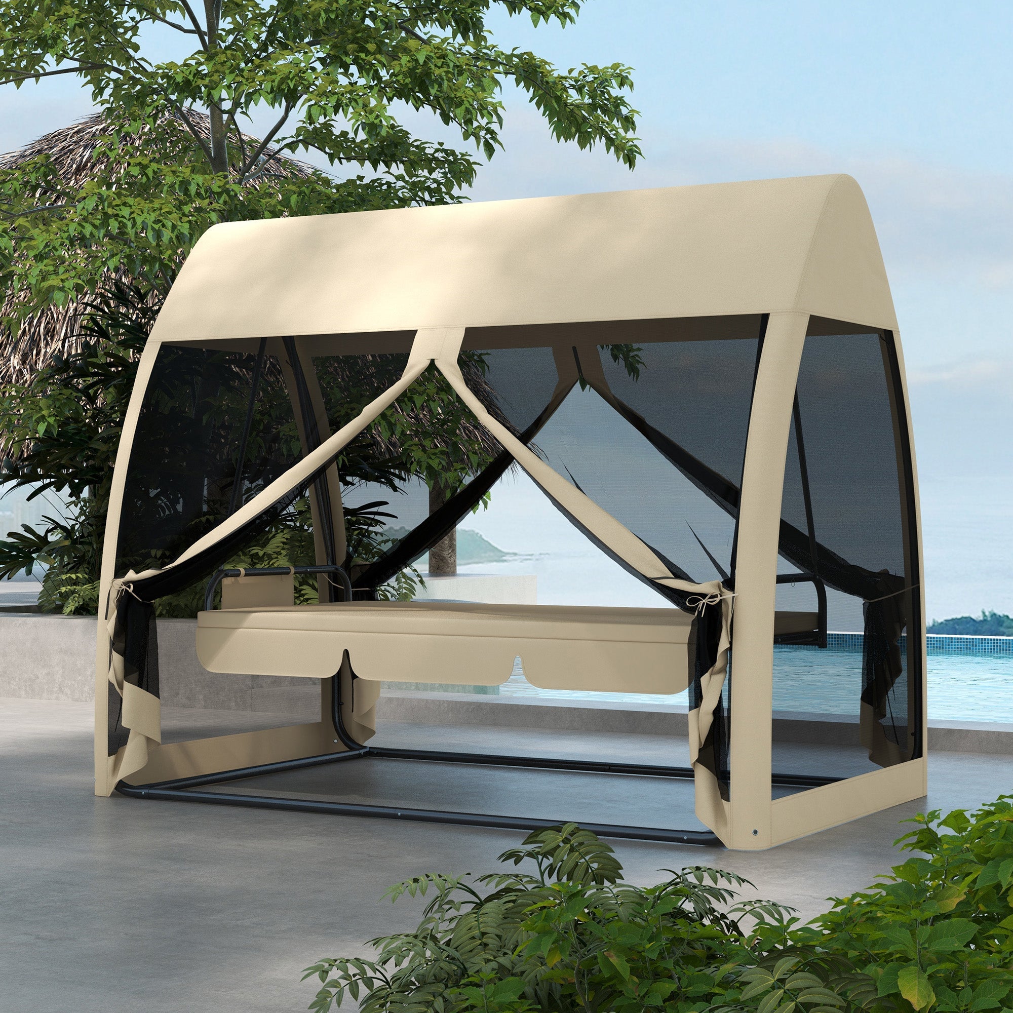 Outsunny 3-Seater Outdoor Swing Chair Chaise Lounger Bed Garden Hammock with Steel Stand, Canopy Netting Walls, Coffee