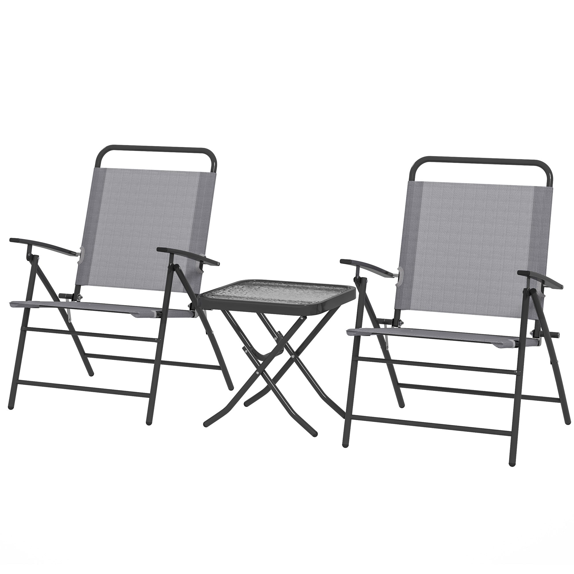 Outsunny Folding Bistro Set, Small Patio Set with Back Adjustable Chairs and Glass Top Table for Garden, Balcony, Porch, Grey