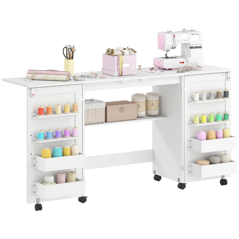 Folding Craft Table, Rolling Sewing Machine Table with Magnetic Doors, Bins, Pegs, Storage Shelf, Lockable Wheels, White