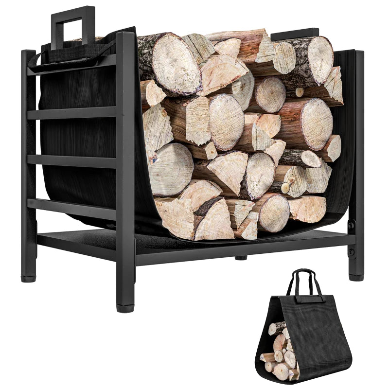 Outdoor Firewood Rack with Log Carrier, Heavy Duty Steel Wood Log Storage Stacker for Fireplace, Black