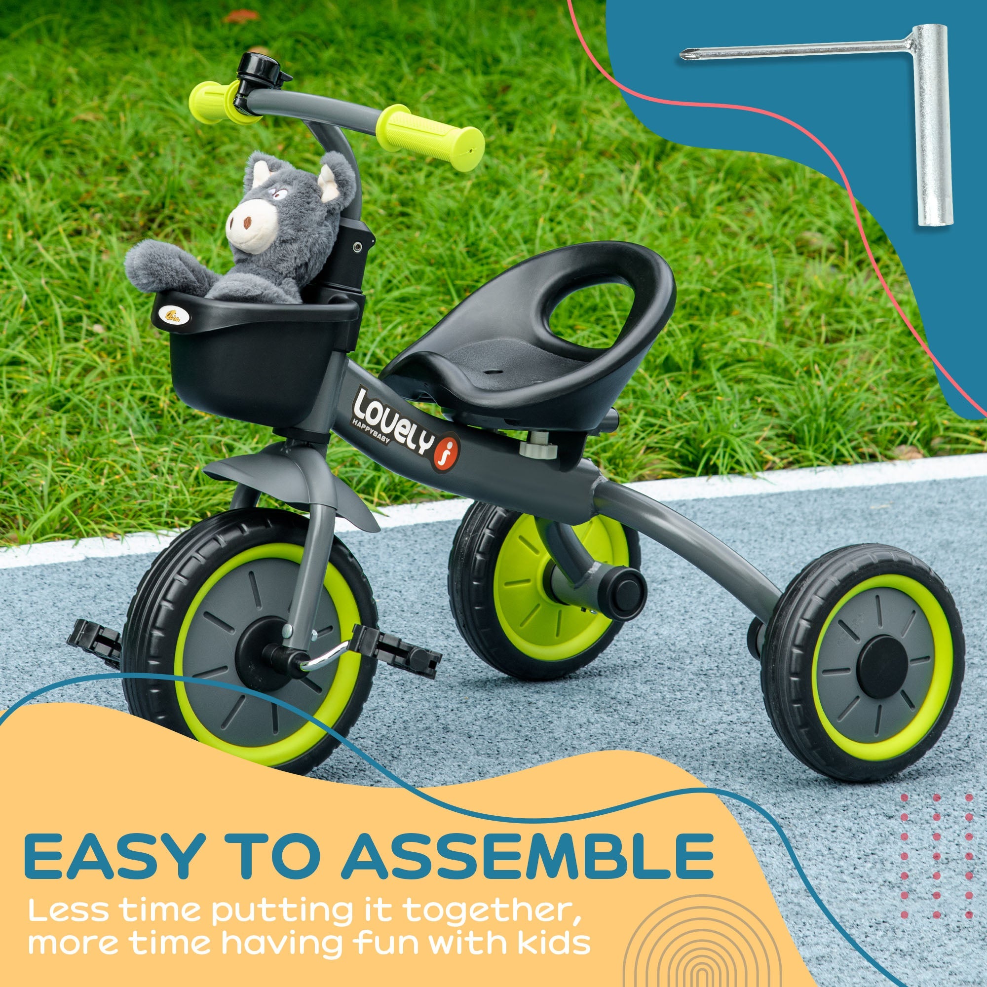 Qaba Kids Tricycle: Adjustable Seat 2-5 Years, Basket, Bell, for Girls/Boys, Black, Toddler Trike