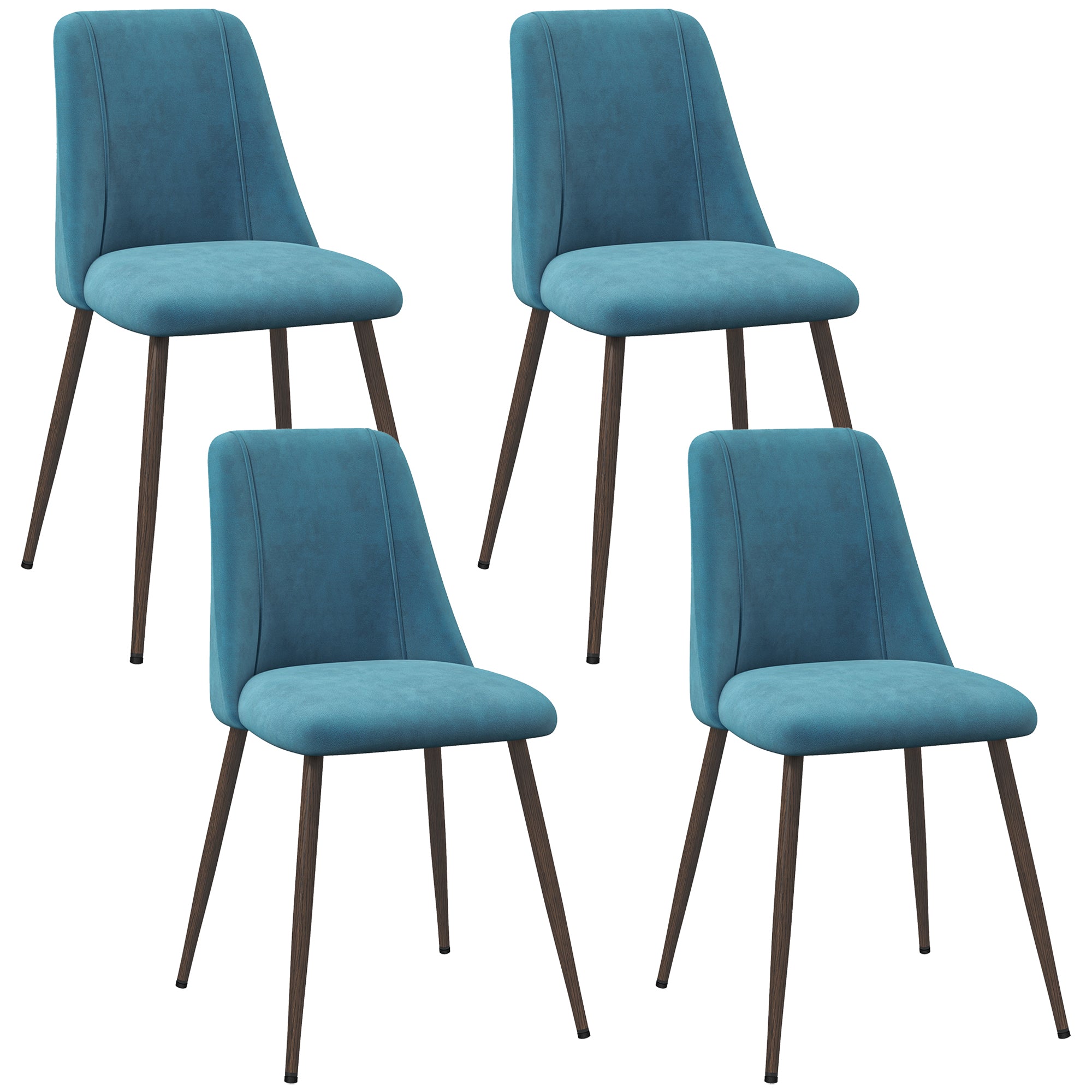HOMCOM Set of 4 Dining Chairs Modern Velvet Upholstery Curved Back Wood-grain Steel Legs Blue