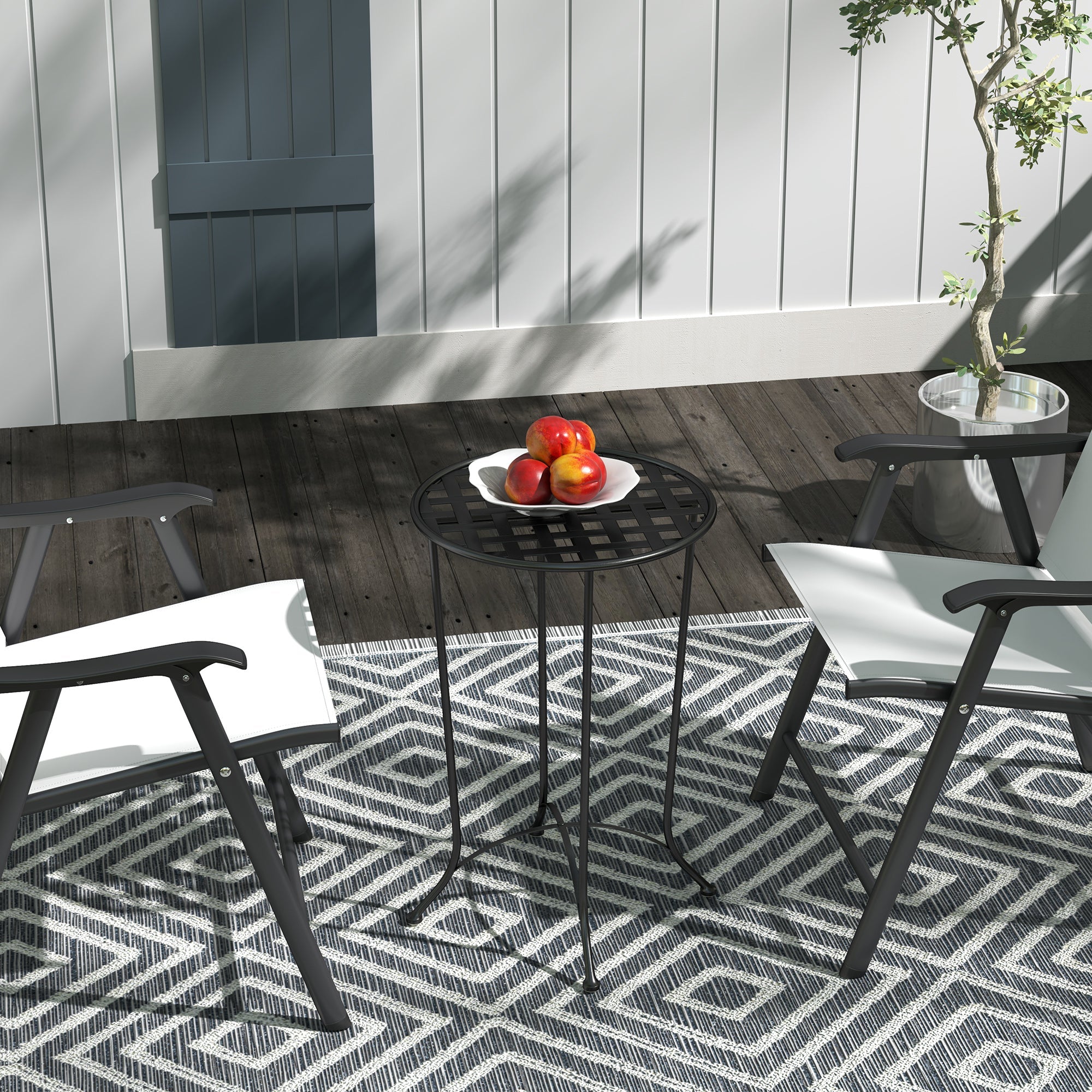 Outsunny 16" Round Outdoor Table, Small Patio Side Table, Metal End Table Plant Stand with Grid Top for Indoor, Garden, Black