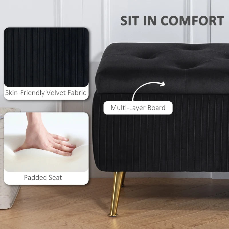 Storage Ottoman Bench, 43 Inch Large Storage Chest with Steel Legs and Padded Seat, Foot Rest, Load 485 lbs, Black