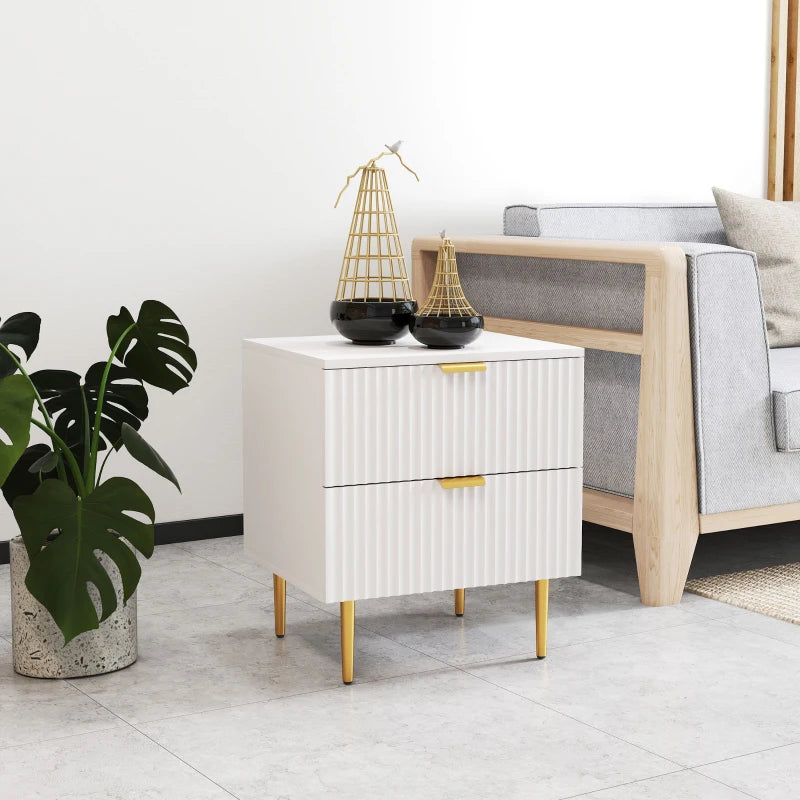 Bedside Table, Modern Nightstand with 2 Drawers, Side End Table with Metal Legs for Living Room, Bedroom, White
