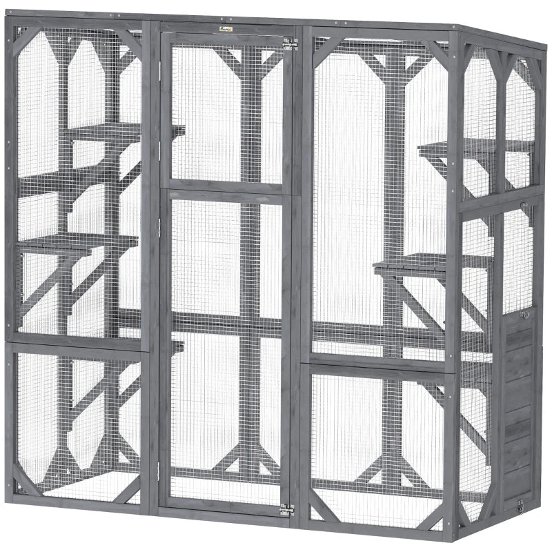 Outdoor Cat Enclosure with 6 Jumping Platforms, Weatherproof Roof, Large Front Door for 1-3 Cats, 59" x 28" x 60", Grey