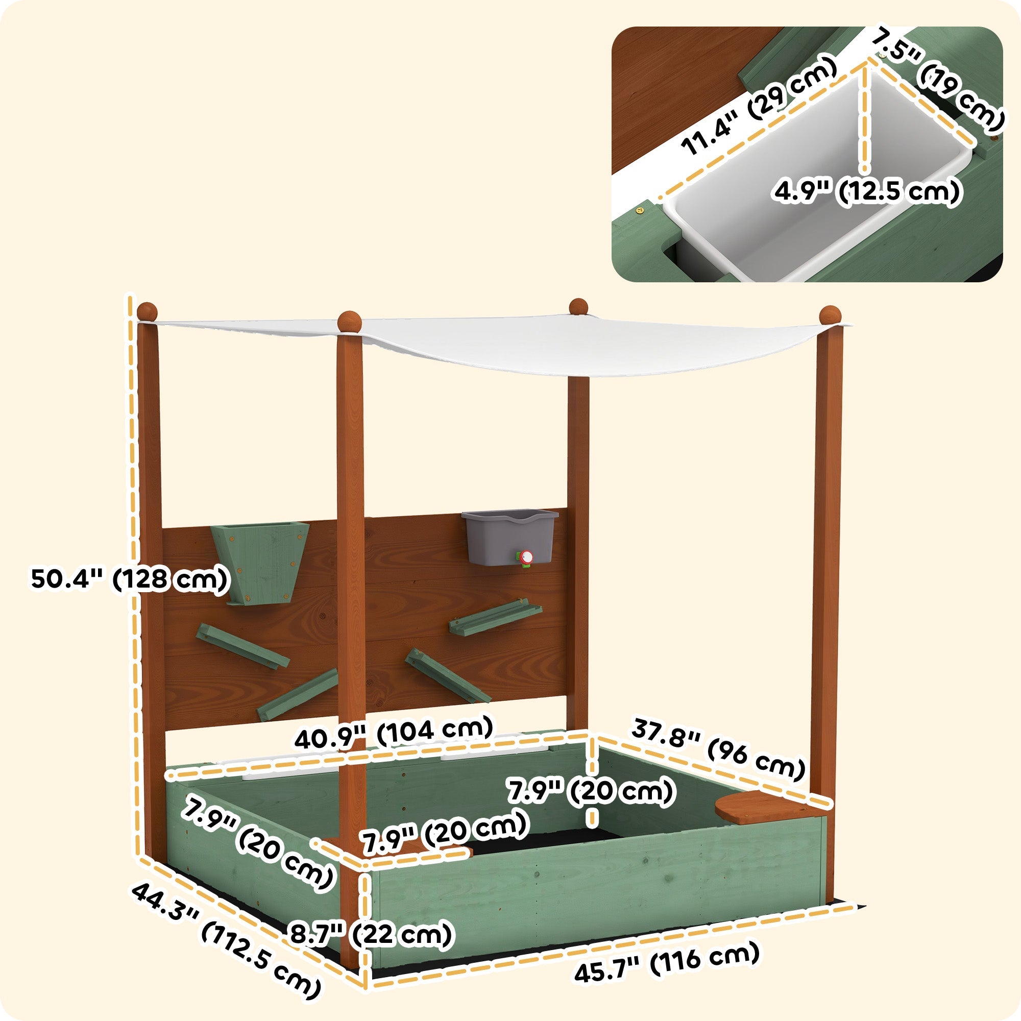 Qaba Wooden Kids Sandbox with Canopy, Sand Wall, Bottom Liner, for 3-6 Years, 46" x 44" W x 50", Green