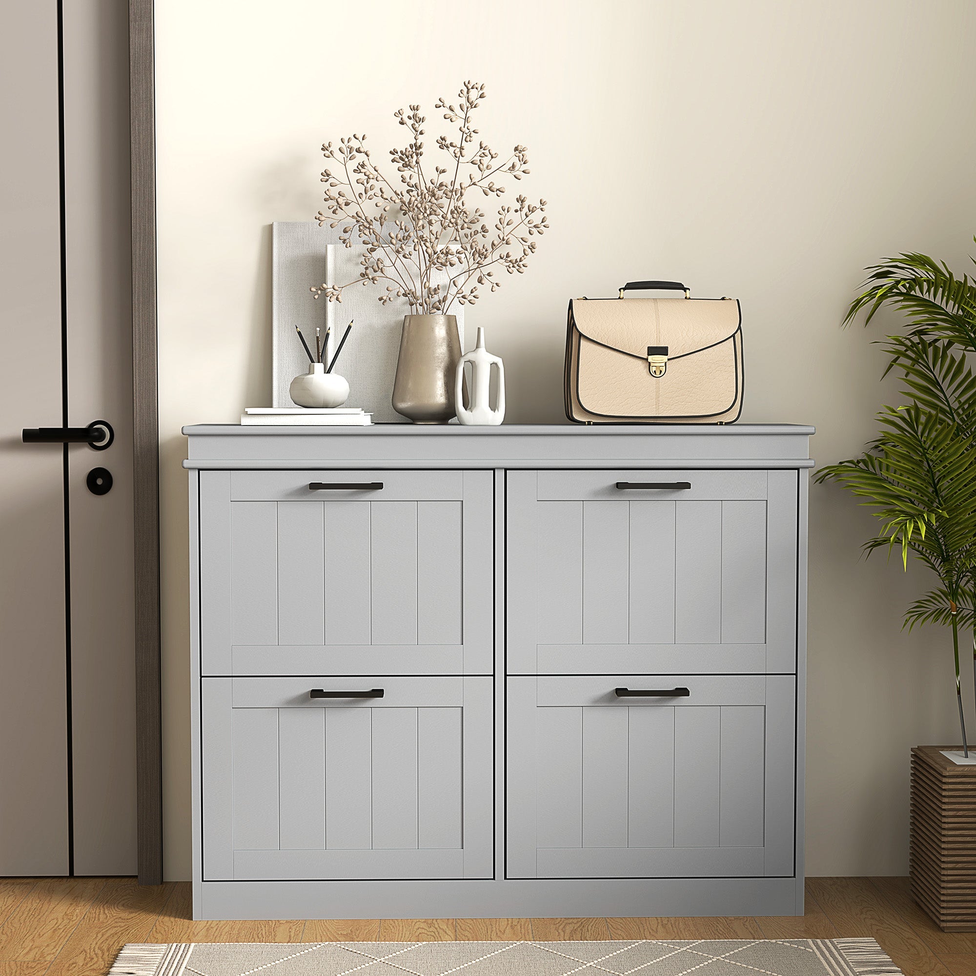 HOMCOM Shoe Storage Cabinet with 4 Flip Drawers and Adjustable Shelves, Narrow Shoe Cabinet for 20 Pairs of Shoes, Grey