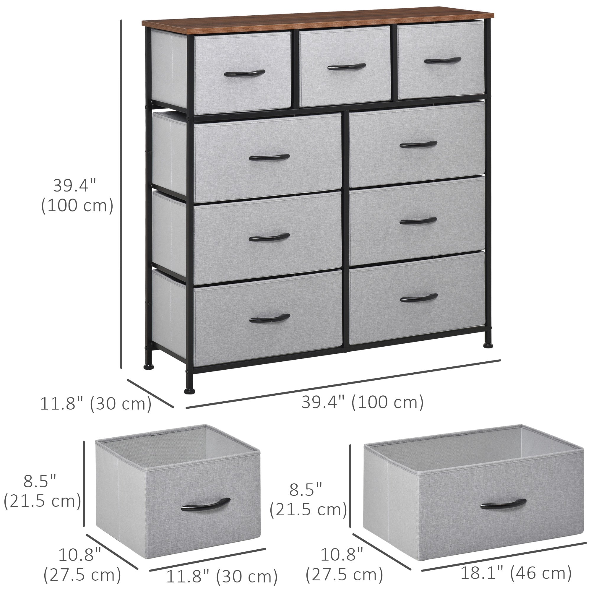HOMCOM 9-Drawer Storage Dresser: Fabric Bins, Steel Frame & Wood Top for Living Spaces