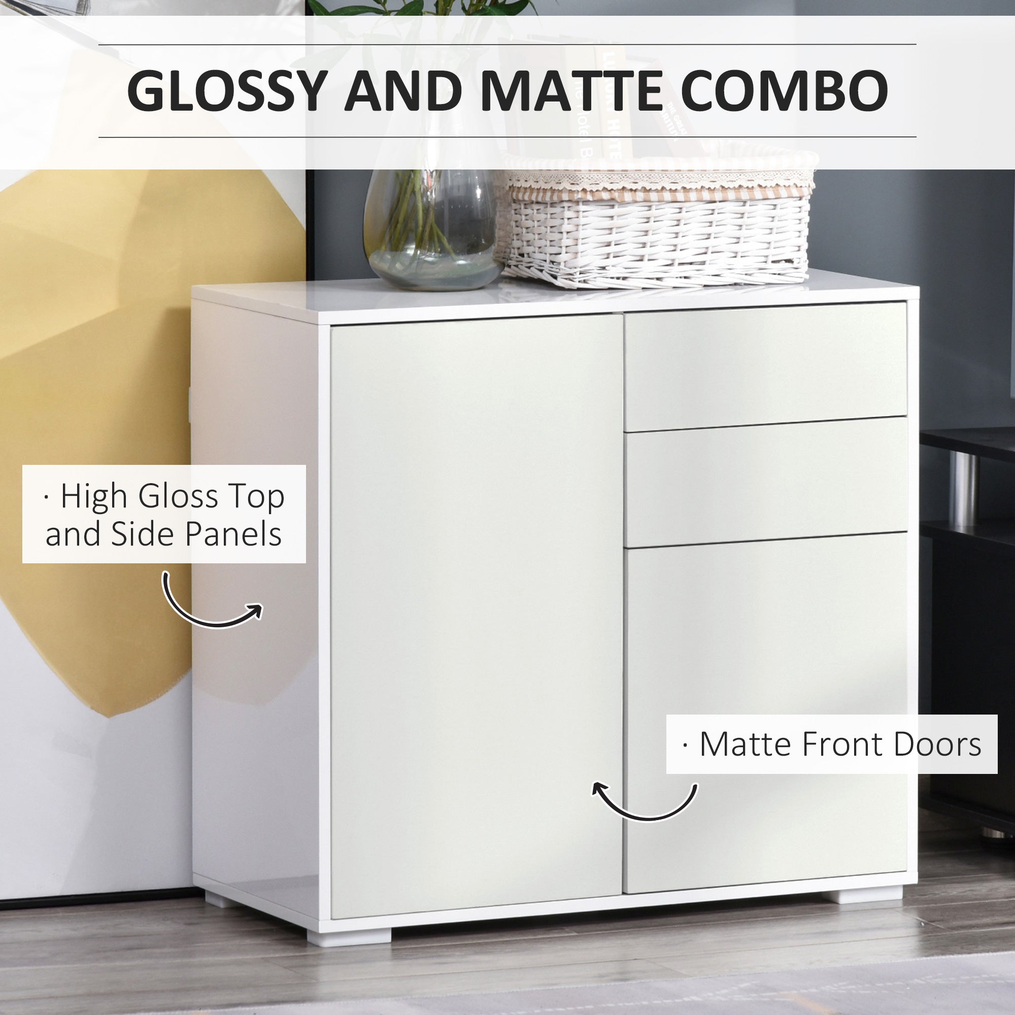 HOMCOM Buffet Sideboard High Gloss Kitchen Storage Cabinet Cupboard with Drawer Shelf Push Open Design White for Dining Room
