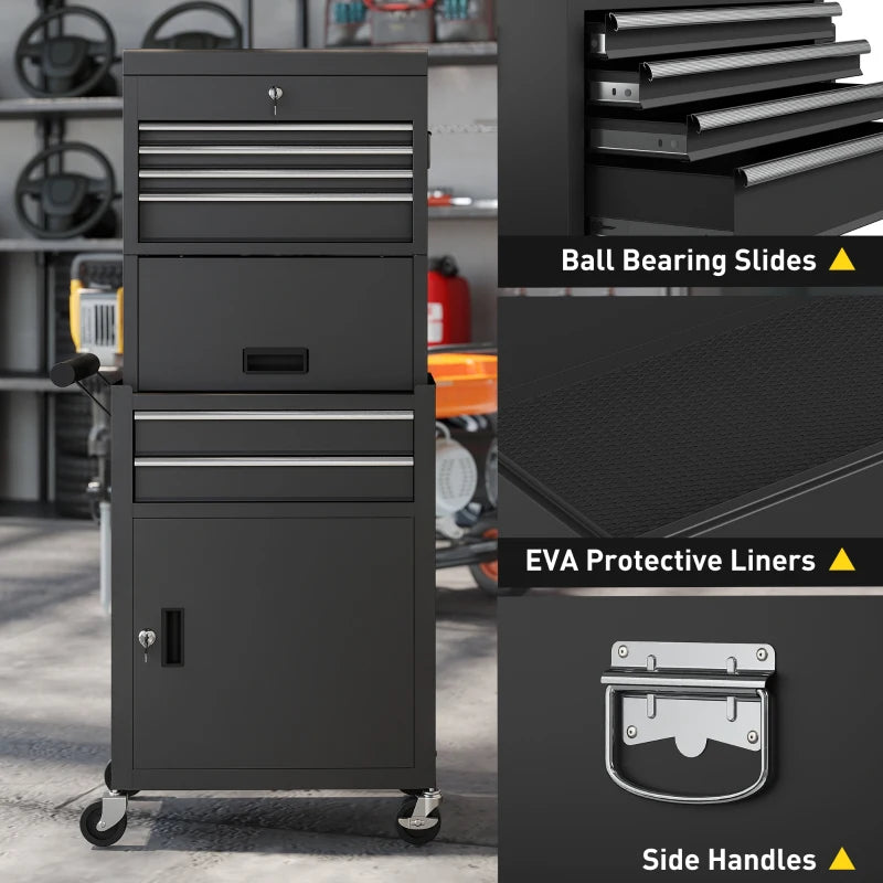 Large Tool Cabinet, 3-in-1 Rolling Tool Chest, Detachable Tool Storage Organizer with 6 Drawers and Pegboard, Black