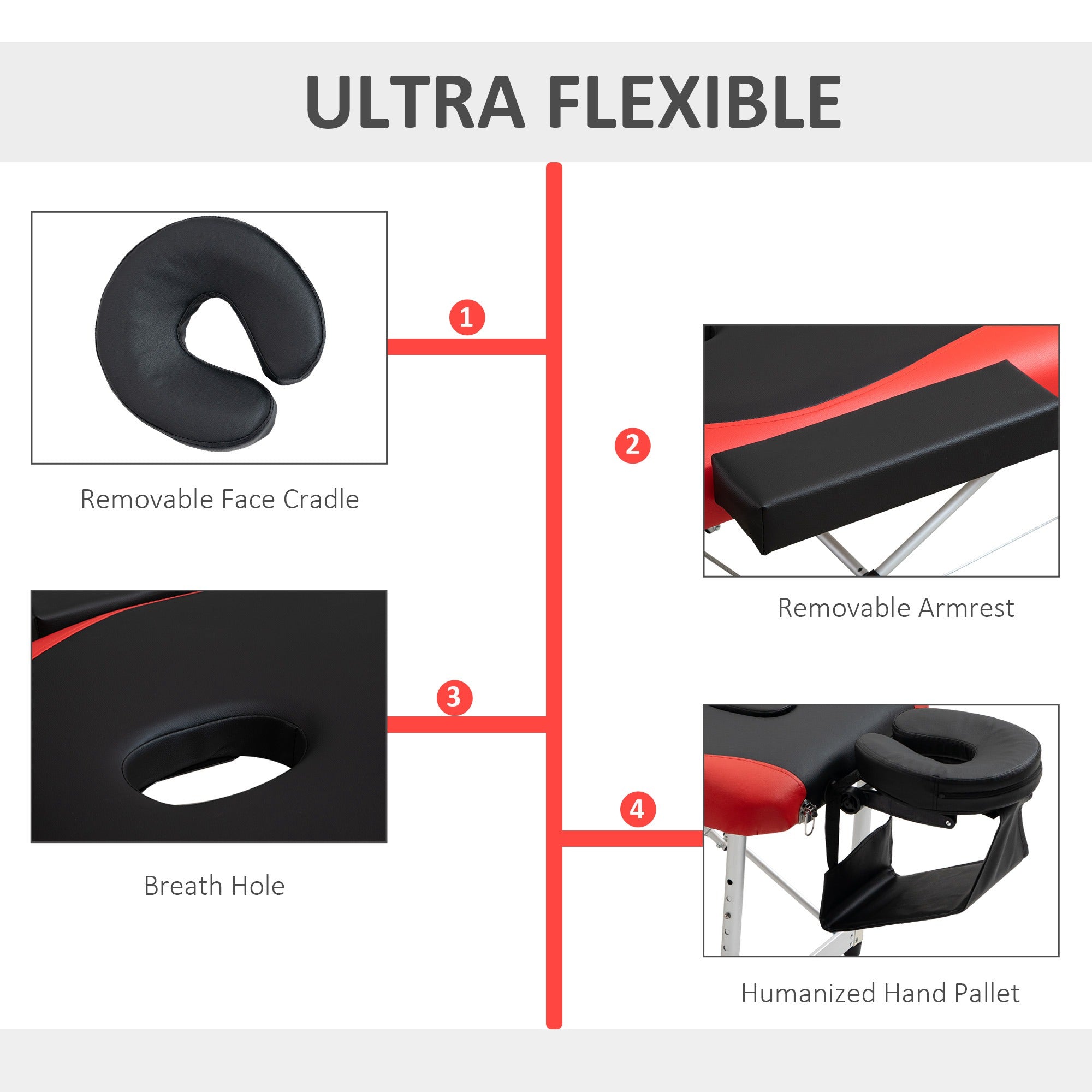 HOMCOM 73" 3 Section Foldable Massage Table Professional Salon Spa Facial Couch Bed (Black/Red)