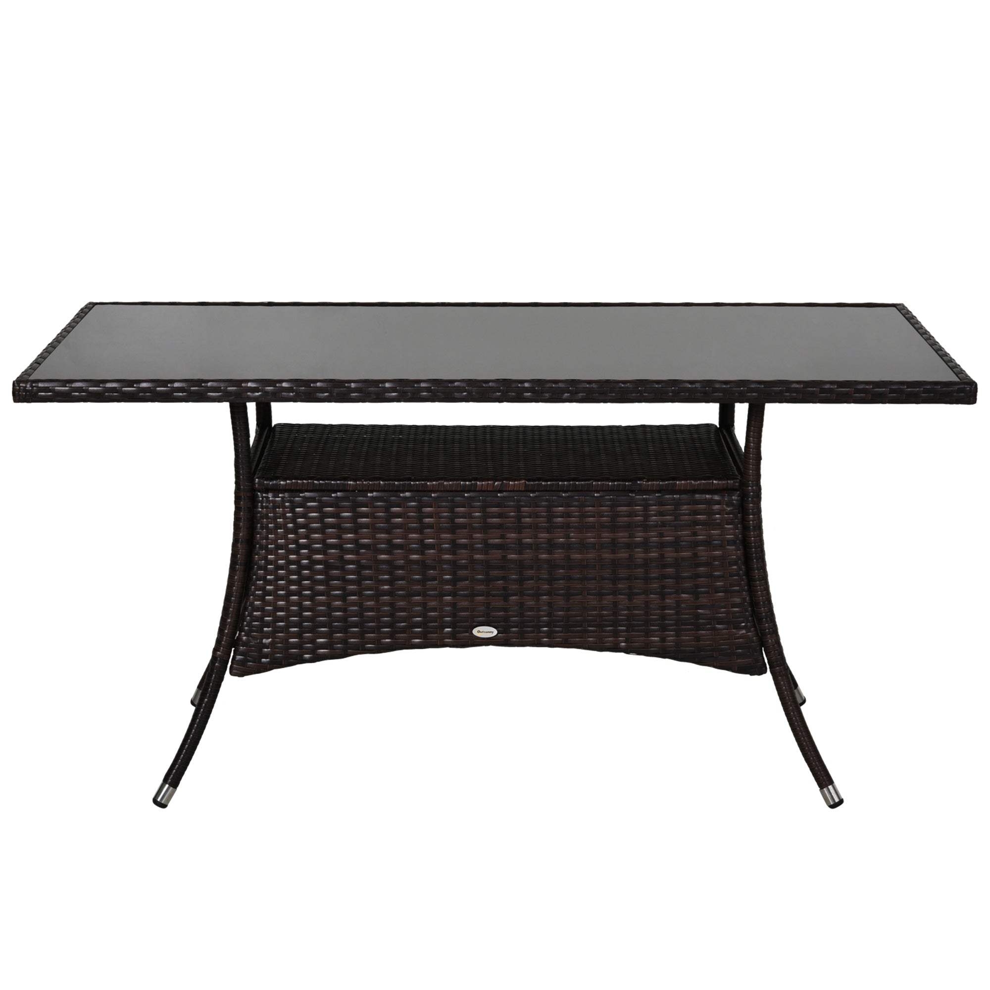 Outsunny Patio Rattan Dining Table with Glass Top Storage Shelf Yard Furniture 59"x34"x29" Brown