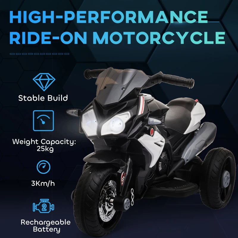 Qaba Kids Electric Motorcycle Ride-On Toy with 3 Wheels, Music, Horn, Lights, Black
