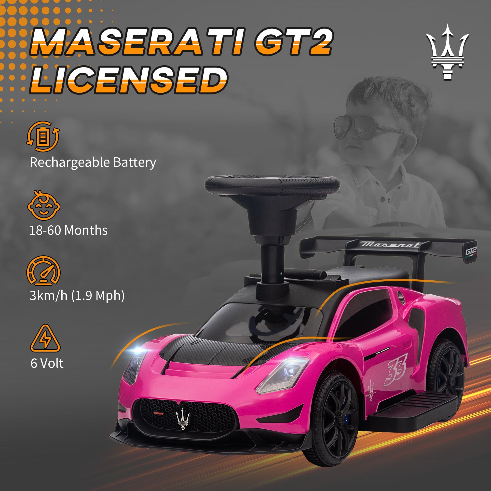 Qaba 6V Maserati GT2 Licensed Electric Car for Kids, Ride on Car with Under Seat Storage, LED Headlights Music, Pink
