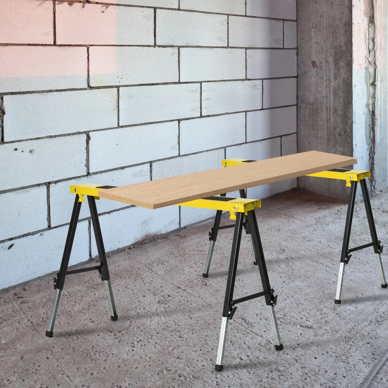 Saw Horse Twin Pack Folding Workbench Adjustable Metal Trestle Stands Yellow