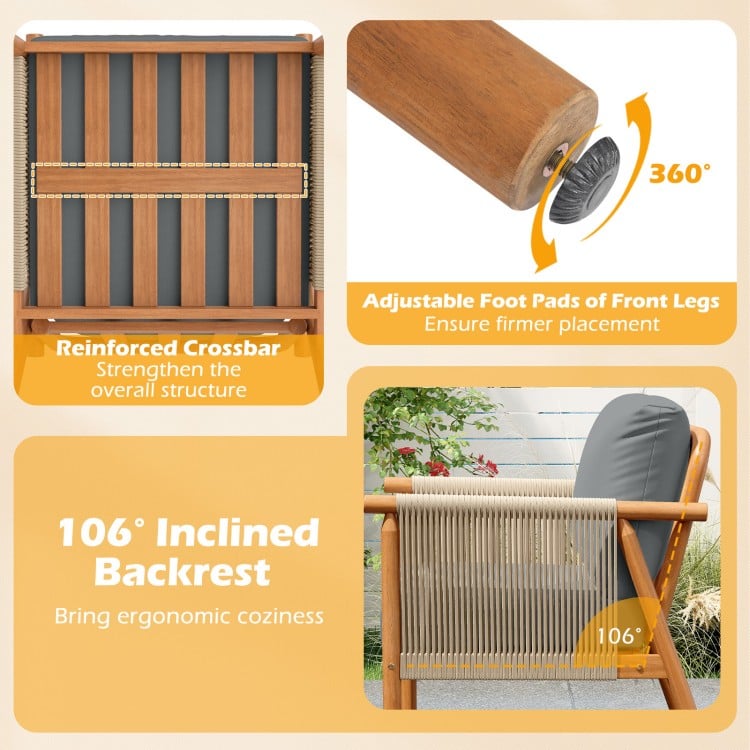 Patio Acacia Wood Chair with Woven Rope Armrests and Seat Back Cushions for Backyard-Gray