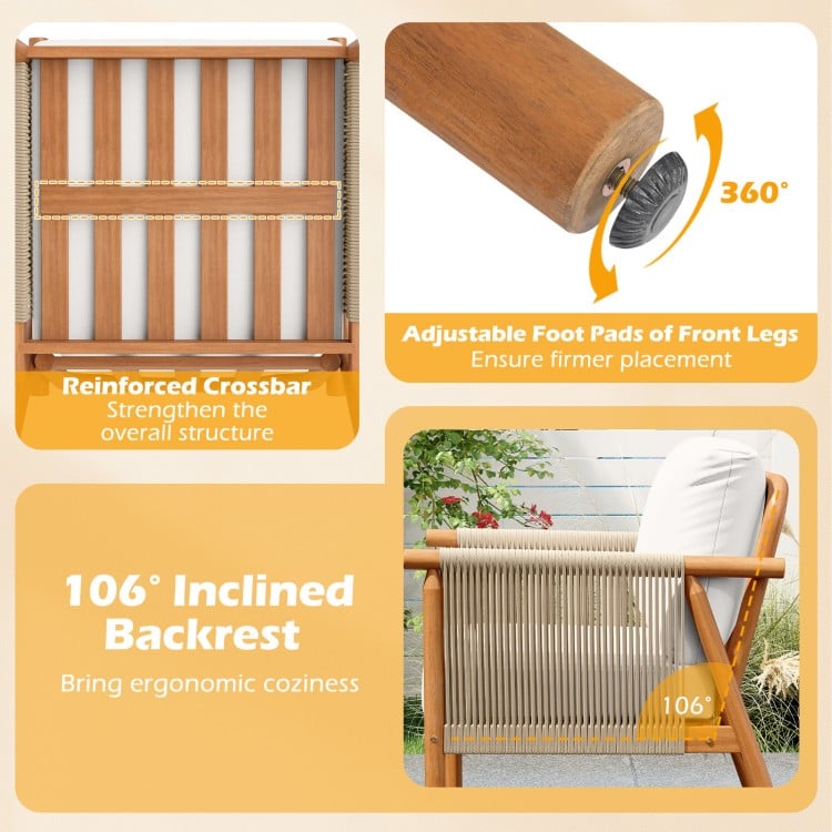 Patio Acacia Wood Chair with Woven Rope Armrests and Seat Back Cushions for Backyard-White