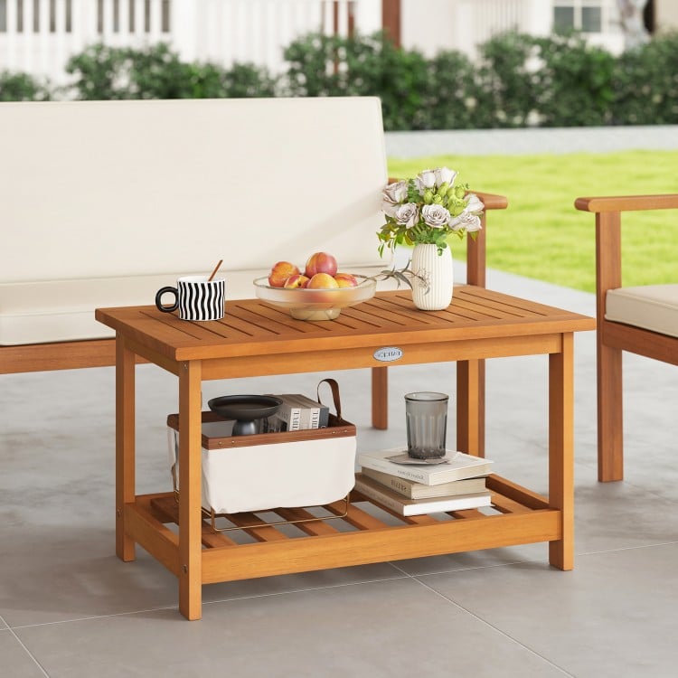 Patio Acacia Wood Coffee Table 2-Tier Rectangular Center Table