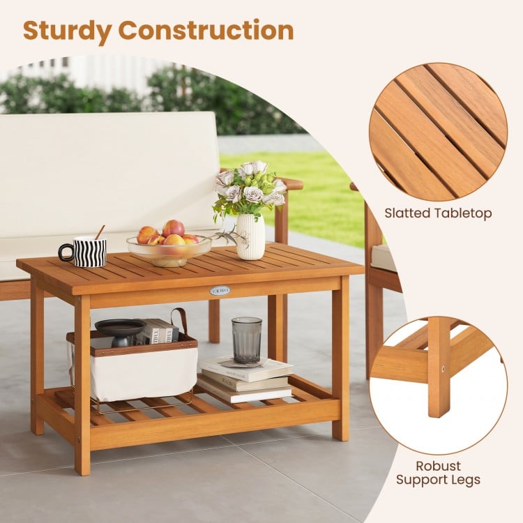 Patio Acacia Wood Coffee Table 2-Tier Rectangular Center Table