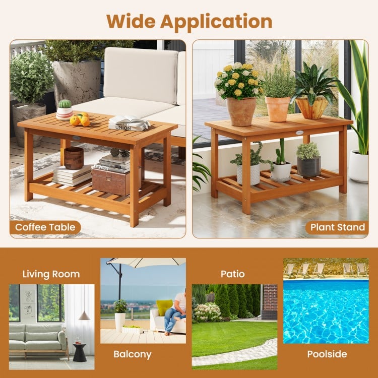 Patio Acacia Wood Coffee Table 2-Tier Rectangular Center Table