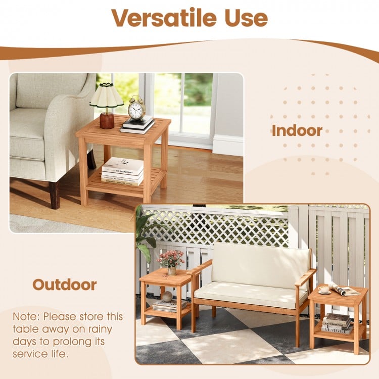 Patio Acacia Wood Side Table with Slatted Tabletop and Storage Shelf