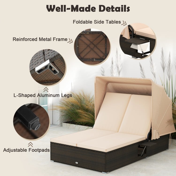 Patio Double Chaise Lounge with Shade Cushions and Folding Side Trays-Beige