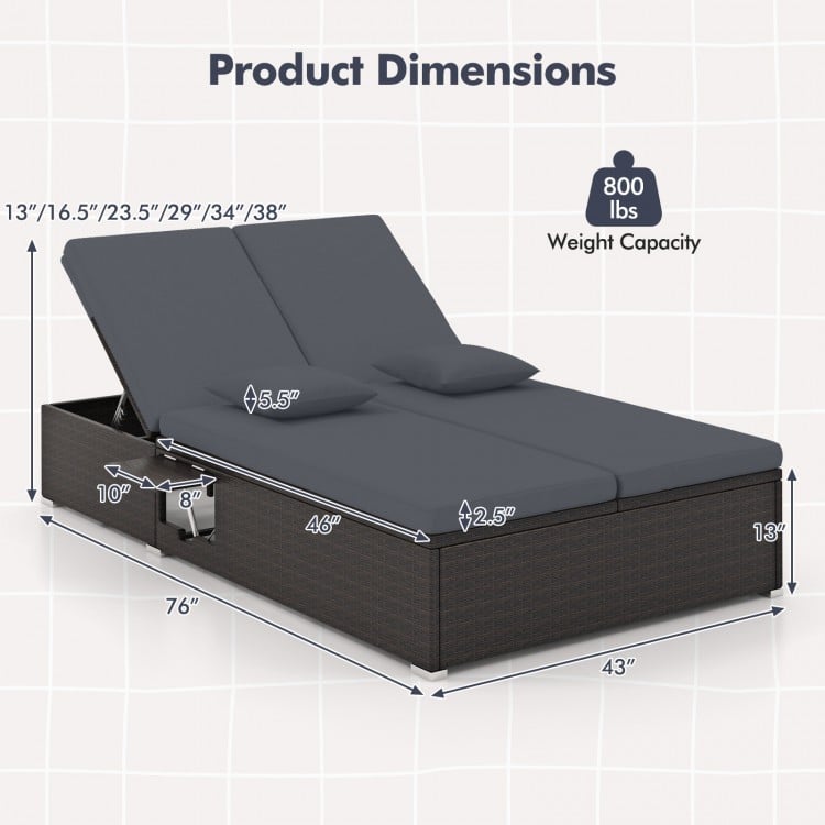 Patio Double Chaise Lounge with Cushions and Folding Side Trays-Gray