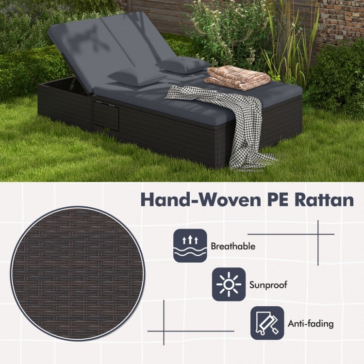 Patio Double Chaise Lounge with Cushions and Folding Side Trays-Gray