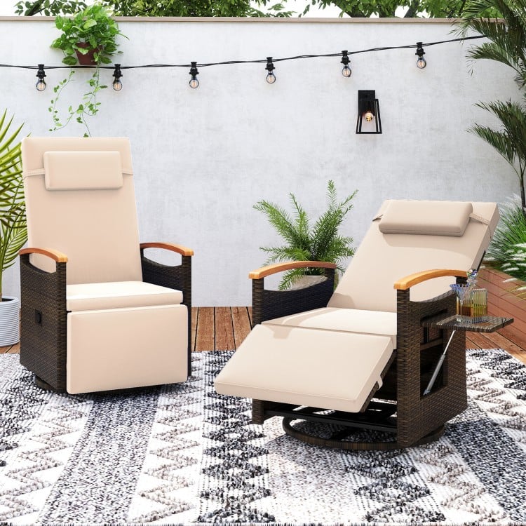 Patio Rattan 360° Swivel Recliner Chair with Adjustable Backrest and Footrest-Beige