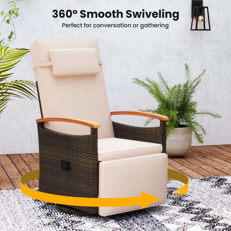 Patio Rattan 360° Swivel Recliner Chair with Adjustable Backrest and Footrest-Beige