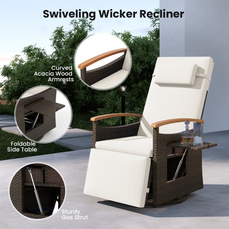 Patio Rattan 360° Swivel Recliner Chair with Adjustable Backrest and Footrest-White