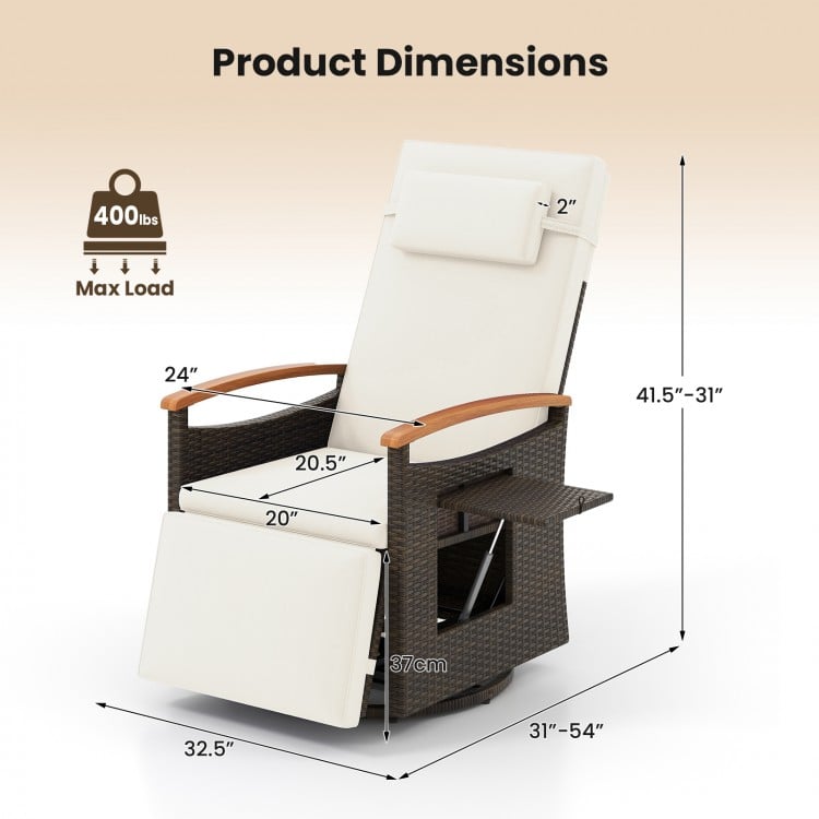 Patio Rattan 360° Swivel Recliner Chair with Adjustable Backrest and Footrest-White