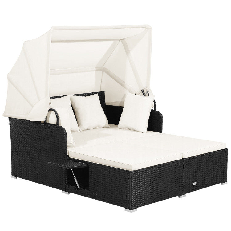 Patio Rattan Daybed with Retractable Canopy & Fold-Out Side Tables